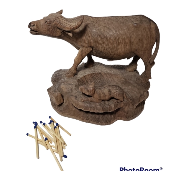 Hand Carved solid wood ashtray water buffalo companion dog sculpture